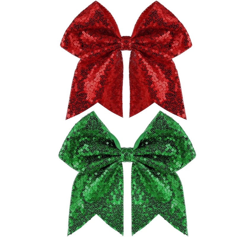 Zolyco Large Big 7 Inch Glitter Bow Clip Sequin Bling Party Hair Accessories for Women Teens Girls Kids 2 Pcs (Red, Christmas Green) - Image 1